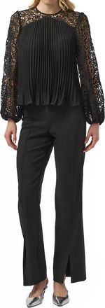 Joseph Ribkoff Pleated Crew Neck Long Lace Puff Sleeves Top In Black