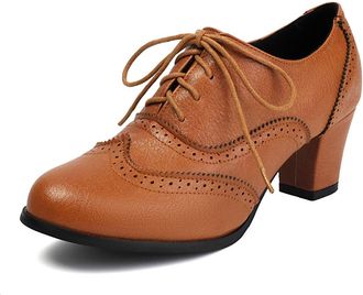 Generic Womens Lace Up Vintage Brogues Chunky Heel Platform Dress Shoes Round Toe PU Leather Casual Shoes,Yellow,7.5 UK