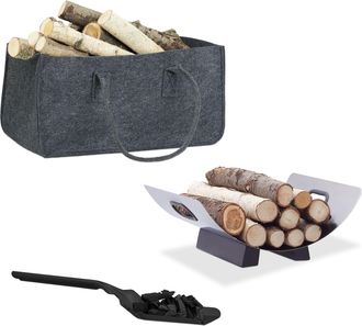 Relaxdays Juego De Chimenea 3 Piezas, Bolsa Y Cesto Para Le&ntilde;a, Pala Para Cenizas, Fieltro, Acero, Plegable, Plata/negro/gris