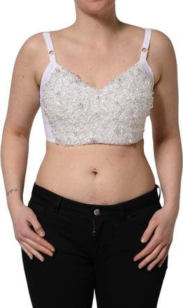 Dolce & Gabbana Womens White Pearls Beaded Corset Bustier Crop Top Elastane Polyester