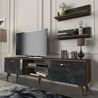 Dmora Pared Modular Ipsicratea, Mueble Sal&oacute;n 4 Estantes, 2 Puertas, Conjunto Combinable, Nogal Marr&oacute;n