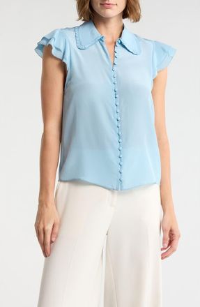 Alice & Olivia Martel Flutter Sleeve Silk Button-Up Top in Mineral Blue at Nordstrom Rack, Size X-Large
