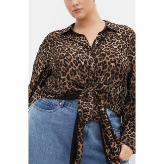 City Chic Ellie Long Sleeve Tie Front Shirt in Leopard at Nordstrom