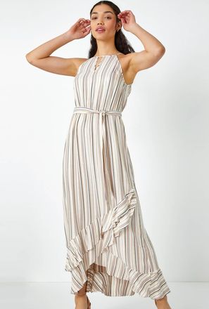 Roman Stripe Print Frill Detail Maxi Dress