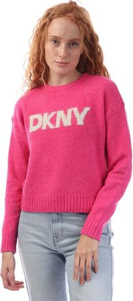 DKNY Dames DKNY Tinsel Logo Boucle Crew Knit Sweater in Roze