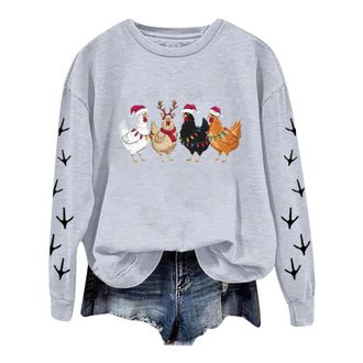 Generic Christmas Chicken Jumper WomenS Christmas Sweatshirts Funny Christmas Retro Print Crew Neck Sweatshirt Casual Long Sleeve Pullover Oversized Dressy Tr