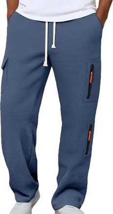 Generic Waffle Trousers Men cargo trousers for men uk Elastic Waist Drawstring Solid Colour Baggy Wide Leg Sweatpants with Pockets Loose Casual Lounge Pants M