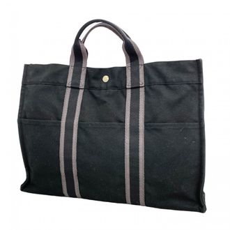 Herm&egrave;s Black Gray Canvas Tote Bag (Pre-Owned)