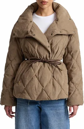 Avec Les Filles Tie Waist Puffer Coat in Mushroom at Nordstrom, Size X-Large