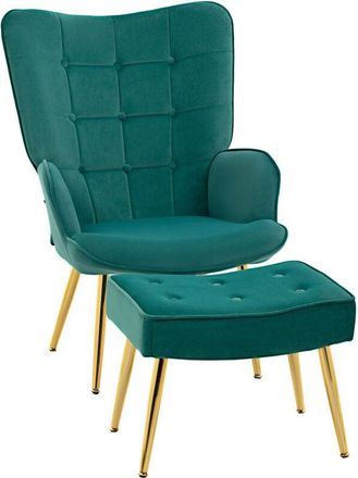 HOMCOM Button Tufted Armchair with Footstool and Gold Tone Steel Legs Dark Green - Homcom