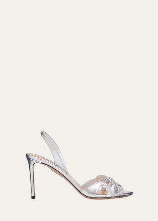Aquazzura 85mm Metallic Leather Crystal Ribbon Kiss Slingback Sandals