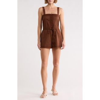 Wayf Tie Waist Stretch Cotton Romper in Brown at Nordstrom Rack, Size X-Large