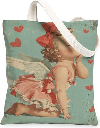 Generic ValentineS Day Hearts Canvas Tote Bags, Retro Love Design Reusable Grocery Bags, Lightweight Washable Shoulder Strap, Blue, 13x15 Inch