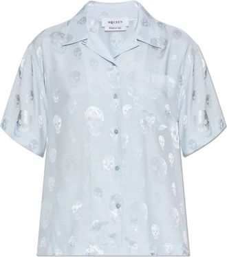 Alexander McQueen Overhemden, Dames, Blauw, S, Satijn, Skull Print Hawaiian Shirt