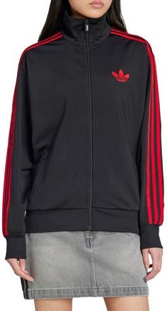 adidas Firebird Recycled Polyester Track Jacket in Black/Better Scarlet at Nordstrom, Size X-Small