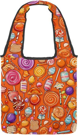 Generic Orange Candy Pattern Reversible Canvas Shoulder Tote - Double-Sided Print, 12oz Cotton, 27cm Drop, Fold-Flat Bag for Travel, Shopping, Street Outings