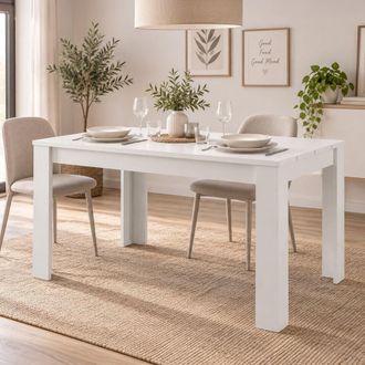 Dmora Mesa Fija Sort, 6 Plazas, Superficie Efecto Entablado, Forma Rectangular, 135x80x76h Cm Blanco Mate