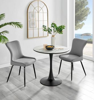 Furniturebox Elina White Marble Effect Scratch Resistant Dining Table & 2 Nora Black Leg Velvet Chairs in Light Grey