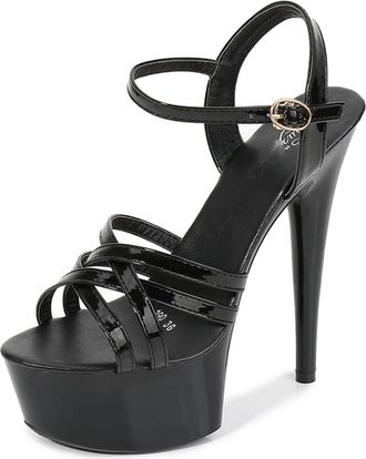 Generic Black,5.5 UK,Womens Stiletto High Platform Heel Peep Open Toe Sandals Ankle Strap Buckle 5.9 Inches Heels Fashion Strappy Wedding Party Dress Shoes