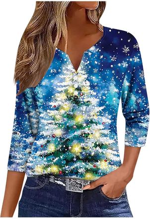 Generic Womens Christmas Tops Button Up 3/4 Sleeve Xmas Tree Snowflake Printed T-shirt V Neck Xmas Shirts Funny Santa Claus Christmas T Shirts Casual Pullover