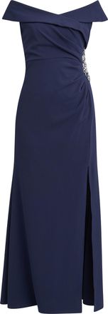 Gina Bacconi Womens Suzanne Portrait Collar Long Dress With Front Slit Ruching At Waist Side Embellishment - Navy - Size 20 UK