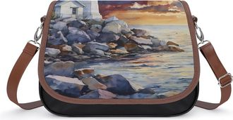 Generic Watercolor Lighthouse Rocky Shore Crossbody Bags for Women Fashion Leather Shoulder Handbags With Adjustable Strap