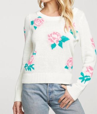 Chaser Floral Cotton Blend Long Sleeve Crew Neck Sweater In Rice