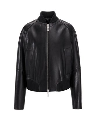 Sportmax Black Smooth Lambskin Ribbed Collar Zip Bomber Jacket