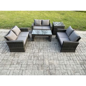 Fimous 6 Seater Rattan Wicker Garden Furniture Patio Conservatory Sofa Set with Coffee Table Double Seater Sofa Side Table - Fimous