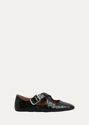 Alaia Croc-Embossed Leather Crisscross Ballerina Flats
