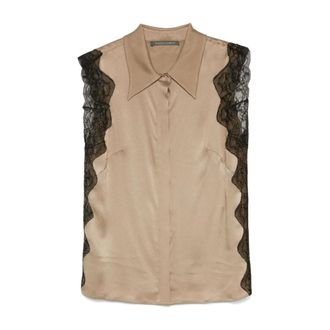 Alberta Ferretti Shirts, female, Beige, 2XS, Beige Lace Insert Sleeveless Shirt
