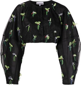 Ganni bead-embellished cropped blouse - women - Recycled Polyester/Recycled Polyester - 36 - Black