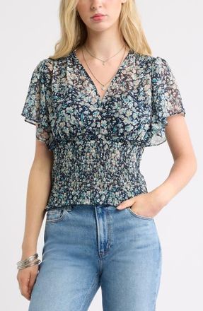 Treasure & Bond Floral Chiffon Ruffle Top in Navy Warped Floral at Nordstrom, Size Xx-Small