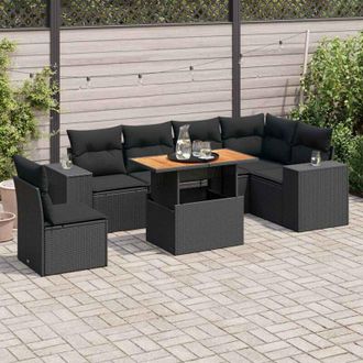 vidaXL Set De Sof&aacute;s De Jard&iacute;n 7 Pzas Con Cojines Rat&aacute;n Sint&eacute;tico Negro Vidaxl