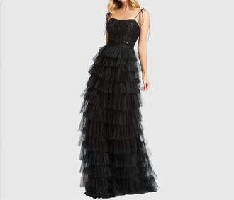 Mac Duggal Sequined Bustier Tiered Ruffle Gown In Black