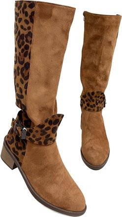 Generic Womens Leopard Print Riding Boots,Casual Knee High Boots Wide Calf for Fall Winter, Trendy Low Heel Shoes for Daily Wear (Brown,6.5)