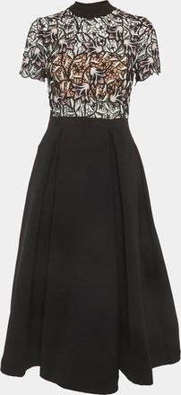 Self Portrait Black Lace Trim Crepe Nightshade Midi Dress