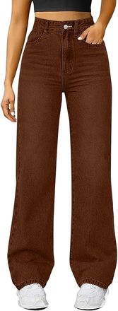 Generic Womens Stretch Denim Jeans Elasticated High Waist Wide Leg Trousers Straight Leg Baggy Pull On Bootcut Flare Casual Streetwear with Pockets Brown