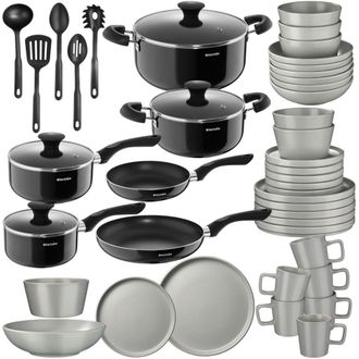TecTake Juego de cocina, 45 piezas, 6 personas, apto lavavajillas, gris/negro