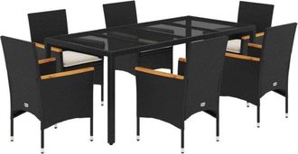 vidaXL Set Comedor Jard&iacute;n 7 Pzas Cojines Rat&aacute;n Sint&eacute;tico Vidrio Negro Vidaxl