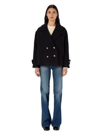 Gerard Darel Mouna Double Breasted Cropped Peacoat in Navy Blue at Nordstrom, Size Medium
