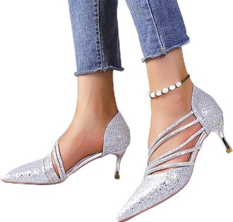 Generic Silver Womens Chic Heels with Silver Tone Rhinestone Accent for Evening Occasions Two Way Design 8.5Cm Heel Height Fall and Winter Activities
