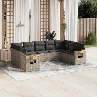 vidaXL Set De Muebles De Jard&iacute;n 9 Pzas Y Cojines Rat&aacute;n Sint&eacute;tico Gris Vidaxl