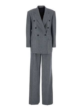 Tagliatore Grey Double-Breasted Suit With Plaid Pattern And Notched Revers In Wool Woman
