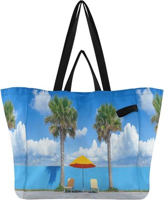 Generic Palm Chair Sky Blue print Reusable Canvas Tote Bag, Heavy Duty Grocery Shopping Bag with Hard Bottom Double Handles Large Capacity Work Groceries Trav