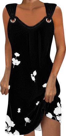 Generic Women Summer Strappy Floral Midi Dress Ladies Sleeveless Boho Beach Dresses Floral Print Tank Dresses Cami Knee Length Loose Dress Elegant Swing Dress