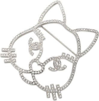 Chanel Silver Crystal Cat Brooch Pin