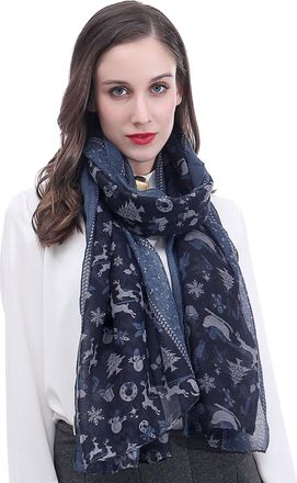 Lina & Lily Christmas Holiday Print Womens Scarf Shawl Wrap Lightweight (Blue, Christmas)