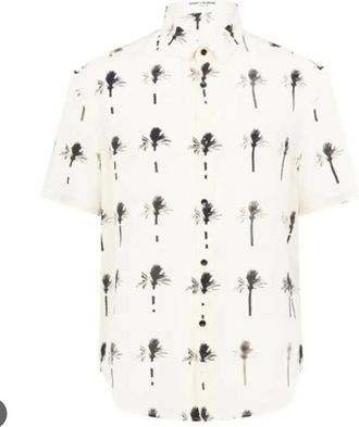 Saint Laurent Cream Palm Tree Print Silk Shirt Size 15.5