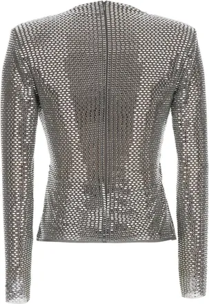 Self Portrait Rhinestone-Embellished Mesh Blouse - Gray